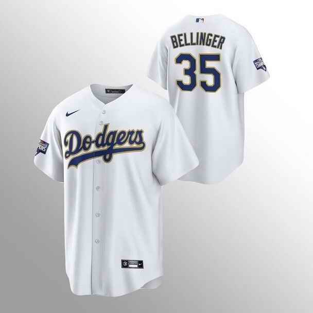 Men's Los Angeles Dodgers #35 Cody Bellinger White Champions Patch Gold Program Cool Base Stitched Jersey