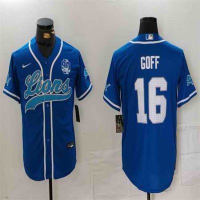 Men's Detroit Lions #16 Jared Goff Blue With 90th Anniversary Patch Cool Base Stitched Baseball Jersey