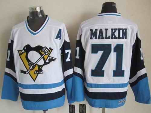 Penguins #71 Evgeni Malkin White/Blue CCM Throwback Stitched NHL Jersey