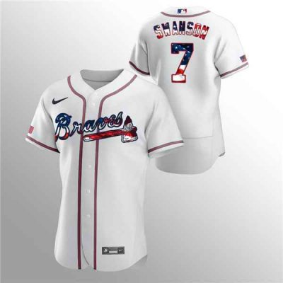 Men's Atlanta Braves #7 Dansby Swanson White 2020 Stars & Stripes Flex Base Stitched Jersey