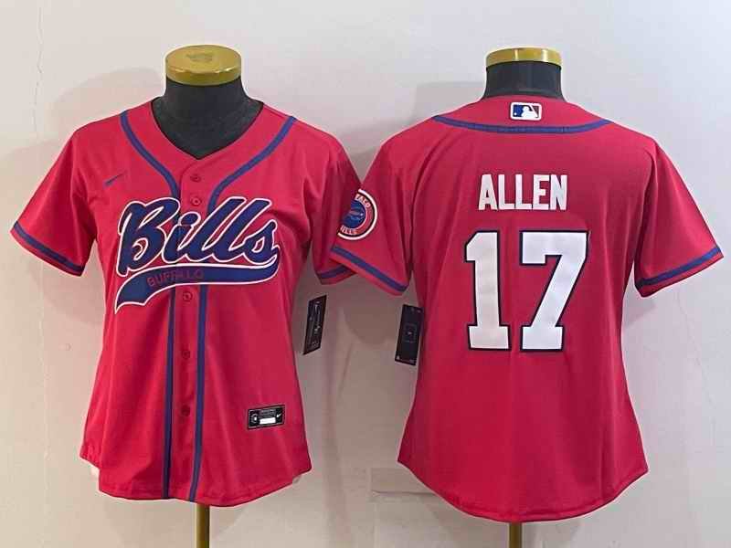 Women's Buffalo Bills #17 Josh Allen Red With Patch Cool Base Stitched Baseball Jersey(Run Small)