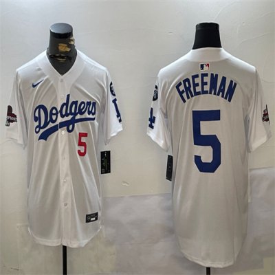 Men's Los Angeles Dodgers #5 Freddie Freeman White 2024 World Series Champions With Fernando Memorial Patch Home Limited Stitched Baseball Jersey