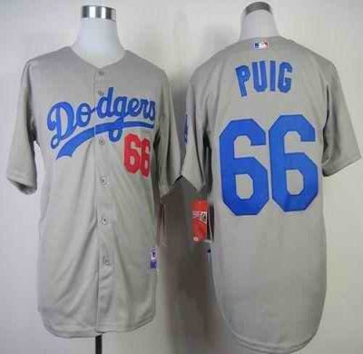 Dodgers #66 Yasiel Puig Grey Cool Base Stitched MLB Jersey