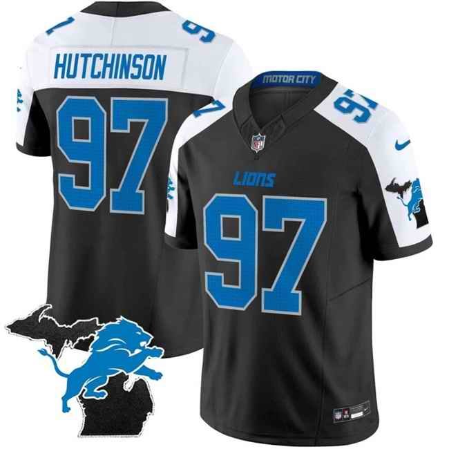 Men's Detroit Lions #97 Aidan Hutchinson Black/White F.U.S.E. 2024 Michigan Patch Vapor Limited Stitched Jersey