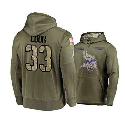 Men's Minnesota Vikings #33 Dalvin Cook 2019 Olive Salute To Service Sideline Therma Performance Pullover Hoodie