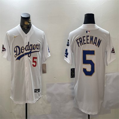 Men's Los Angeles Dodgers #5 Freddie Freeman White Gold 2024 World Series Champions With Fernando Memorial Patch Home Limited Stitched Baseball Jersey