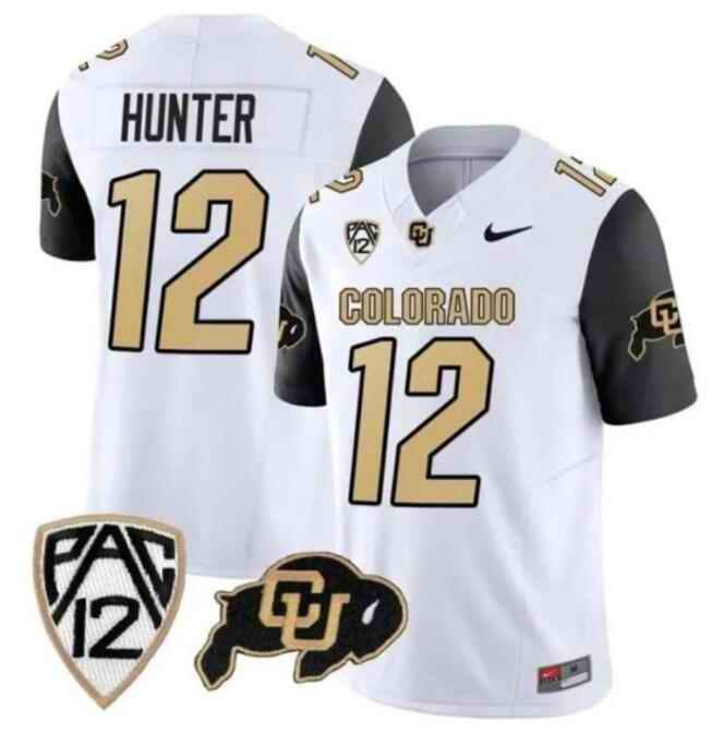 Men's Colorado Buffaloes #12 Travis Hunter White/Black 2023 F.U.S.E. With PAC-12 Patch Stitched Football Jersey