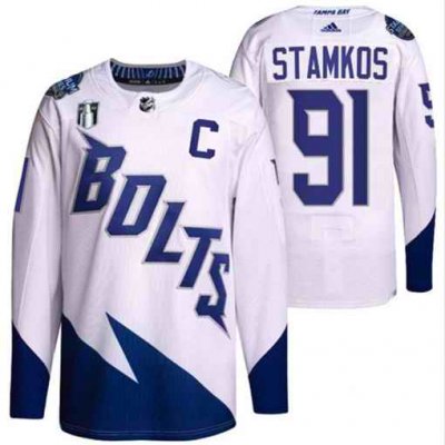 Men's Tampa Bay Lightning #91 Steven Stamkos 2022 White Stanley Cup Final Patch Stitched Jersey