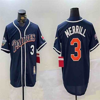 Men's San Diego Padres #3 Jackson Merrill Navy 1998 World Series Cool Base Stitched Baseball Jersey