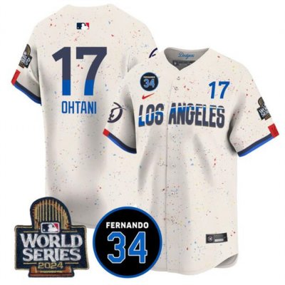 Men's Los Angeles Dodgers #17 Shohei Ohtani Cream 2024 World Series With Fernando Memorial Patch City Connect Limited Stitched Baseball Jersey