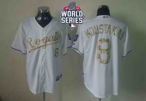 Royals #8 Mike Moustakas White USMC Cool Base W/2015 World Series Patch Stitched MLB Jersey