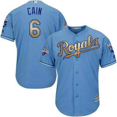 Royals #6 Lorenzo Cain Light Blue 2015 World Series Champions Gold Program Cool Base Stitched Youth MLB Jersey