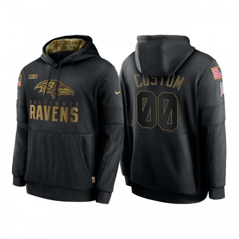 Men's Baltimore Ravens Customized 2020 Black Salute To Service Sideline Performance Pullover Hoodie