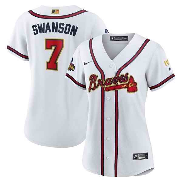 Women's Atlanta Braves #7 Dansby Swanson 2022 White/Gold World Series Champions Program Stitched Jersey(Run Small)