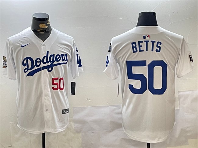 Men's Los Angeles Dodgers #50 Mookie Betts White 2024 World Series With Fernando Memorial Patch Home Limited Stitched Baseball Jersey