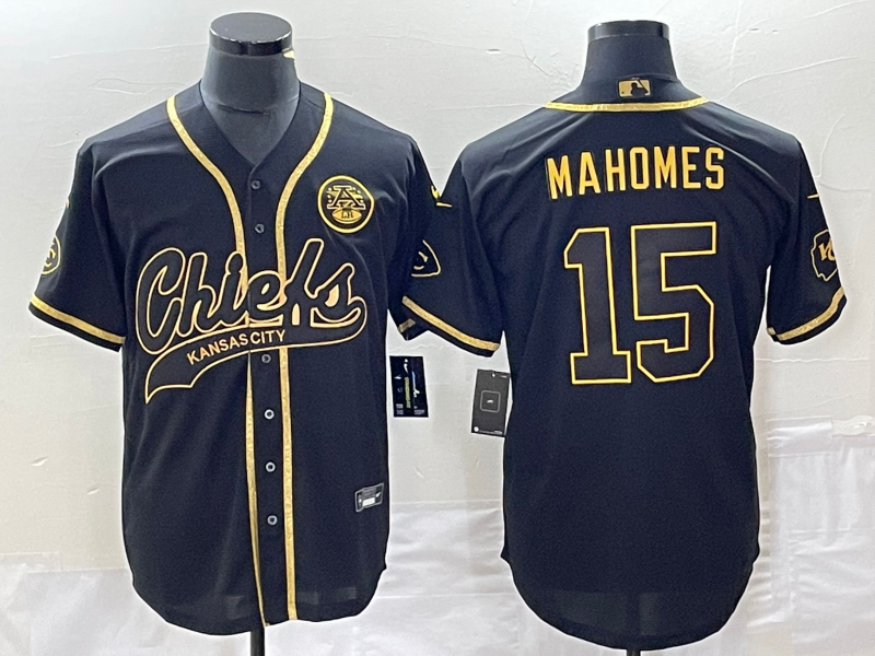 Men's Kansas City Chiefs #15 Patrick Mahomes Black Gold Cool Bae Stitched Baseball Jersey