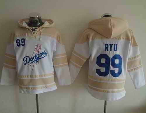 Dodgers #99 Hyun-Jin Ryu White Sawyer Hooded Sweatshirt MLB Hoodie