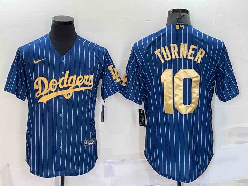 Men's Los Angeles Dodgers #10 Justin Turner Navy Gold Cool Base Stitched Baseball Jersey