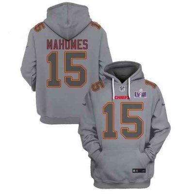 Men's Kansas City Chiefs #15 Patrick Mahomes Gray Super Bowl LVIII Patch Pullover Hoodie