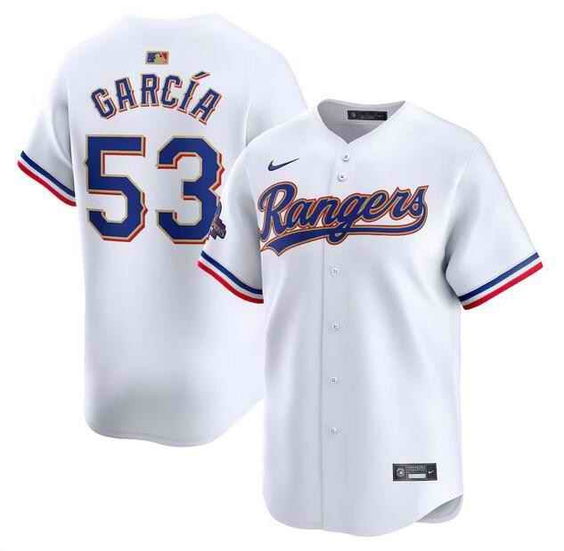 Men's Texas Rangers #53 Adolis Garc'a White 2024 Gold Collection Cool Base Stitched Baseball Jersey