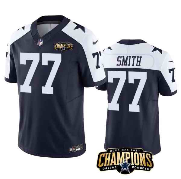 Men's Dallas Cowboys #77 Tyron Smith Navy/White 2023 F.U.S.E. NFC East Champions Patch Stitched Football Jersey